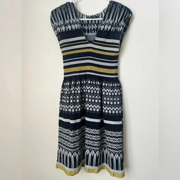 Max Edition Max Studio Navy Blue Yellow Geo Stripe Fit Flare Stretch Dress - Picture 1 of 6